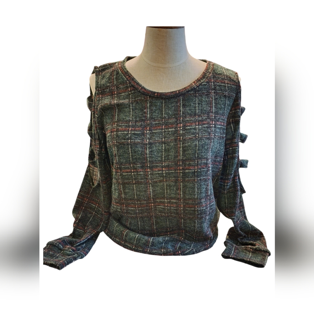 My Story Sweater, Green, Red, White Plaid, Lg